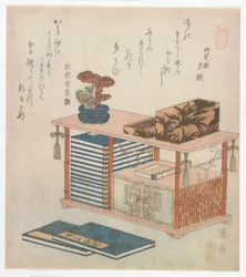 Surimono, das einen Bücherschrank illustriert, Edo-Periode, späte 1810er oder frühe 1820er Jahre